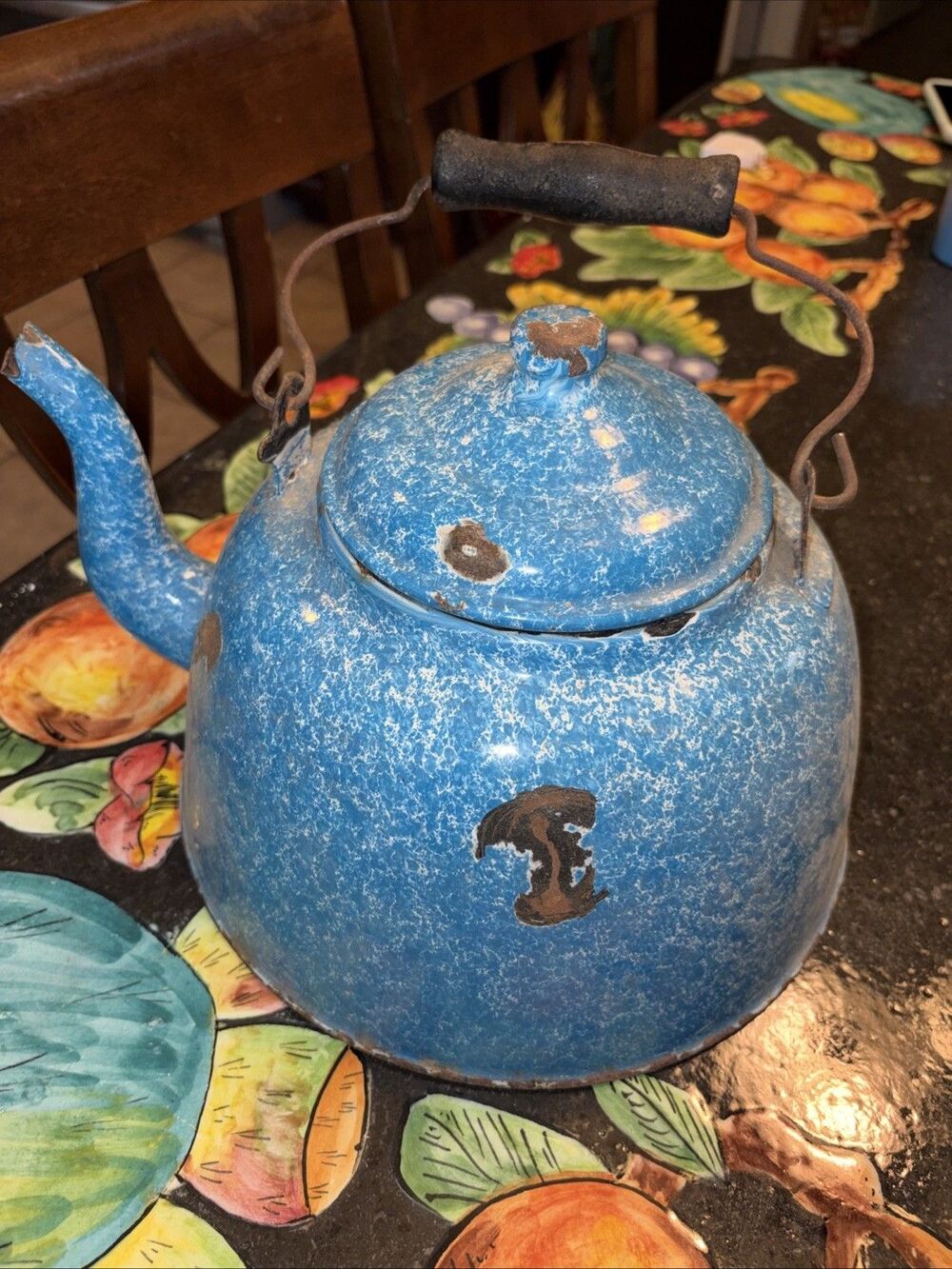 Antique Kettle German Graniteware Enamel Robin Egg Blue Wood Rare Cowboy Farm